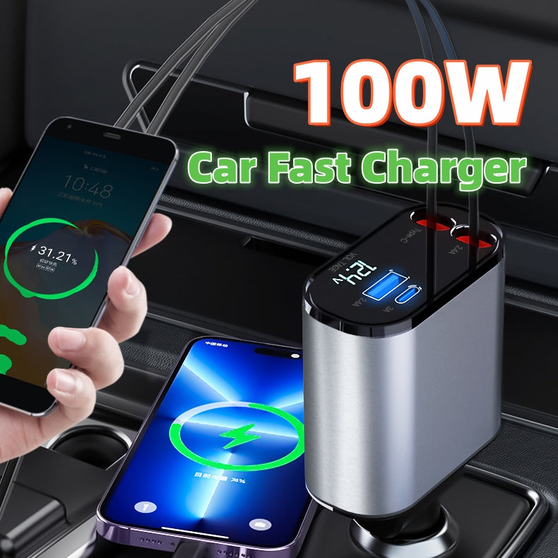 Auto-Ladegerät aus Metall 100W Super-Schnellladung Auto-Zigarettenanzünder USB- und Typ-C-Adapter